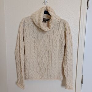 Vtg Inis Crafts Ireland 100% Merino Wool Turtleneck Sweater Sz M Cream Grandma